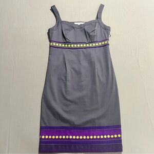 Boden Gray Purple Trim Polka Dot Sheath Dress Women’s Size 4P